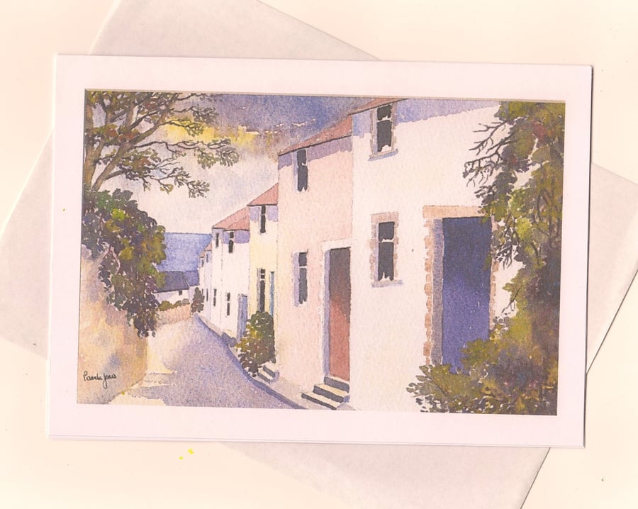 Village Lane Cottages, Mumbles, Wales. Art Greeting Card, A5, Blank inside