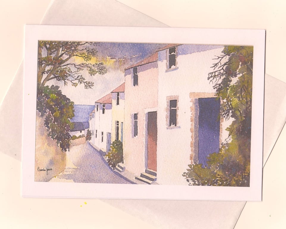 Village Lane Cottages, Mumbles, Wales. Art Greeting Card, A5, Blank inside