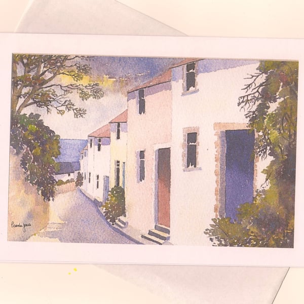Village Lane Cottages, Mumbles, Wales. Art Greeting Card, A5, Blank inside