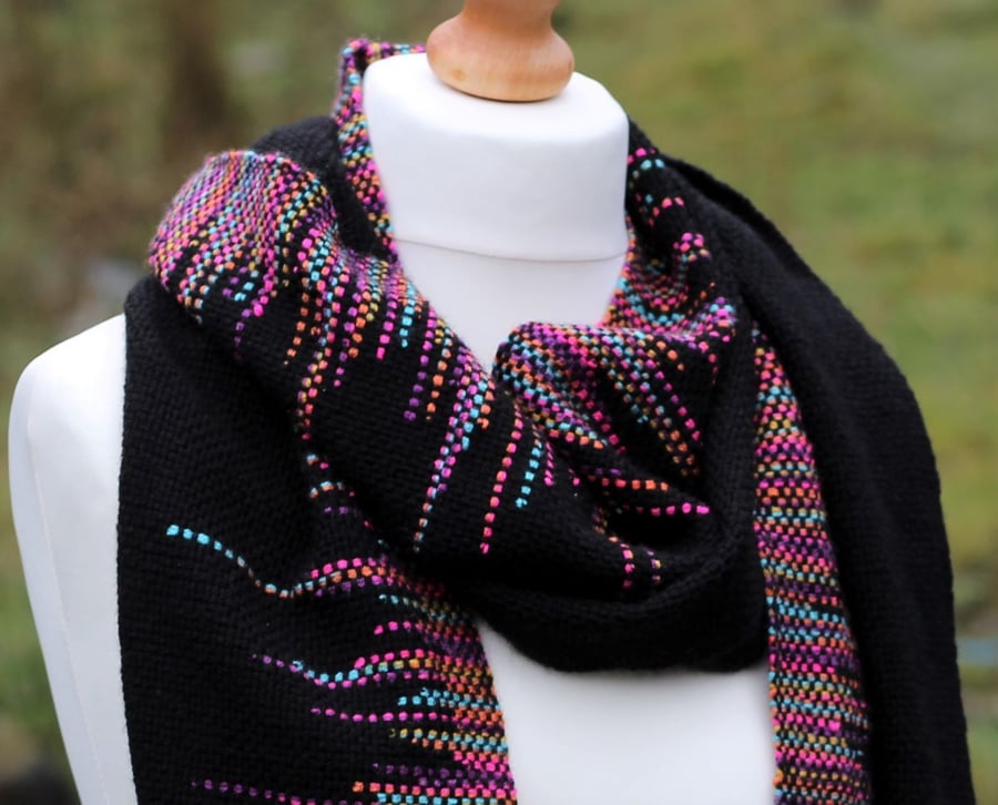 Black and multi-coloured handwoven scarf
