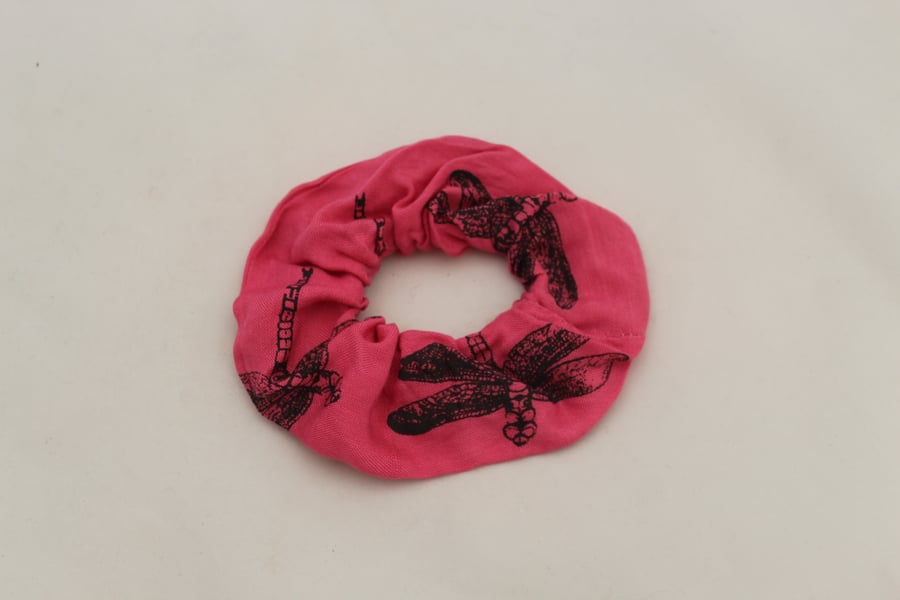 Elasticated hair scrunchie,hair tie,pink and black dragonfly hand printed.gift