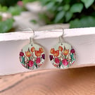 Tulip flowers earrings, 19mm pink orange discs, sterling silver ear wires (814)