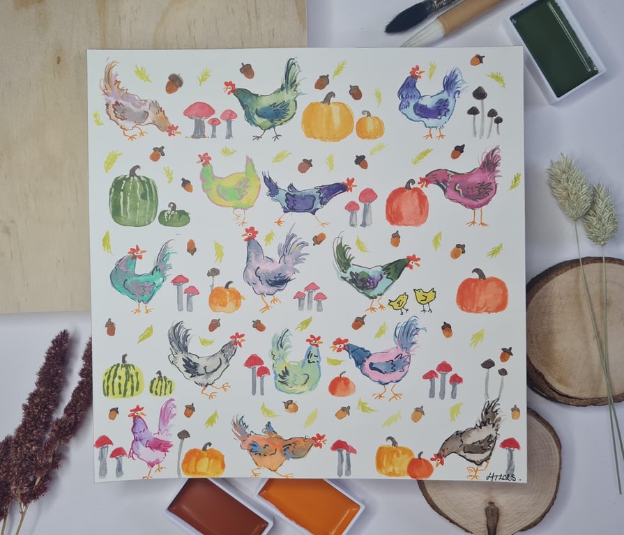 Whimsical Chicken & Mushroom Watercolor Painting: Autumn Art