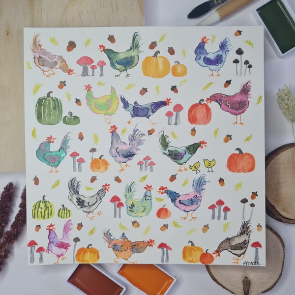 Whimsical Chicken & Mushroom Watercolor Painting: Autumn Art