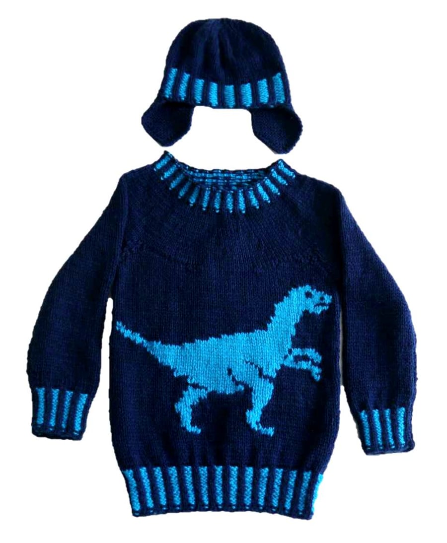 Knitting Pattern Dinosaur Sweater and Hat (Velociraptor). Digital Pattern