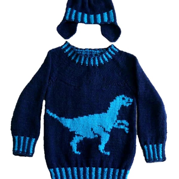 Knitting Pattern Dinosaur Sweater and Hat (Velociraptor). Digital Pattern