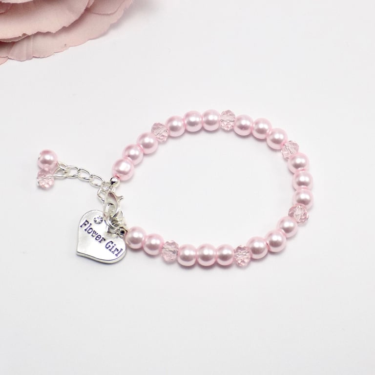 Pink Flower Girl Bracelet, Toddler Flower Girl Gift with Pink Pearls ,Wedding 