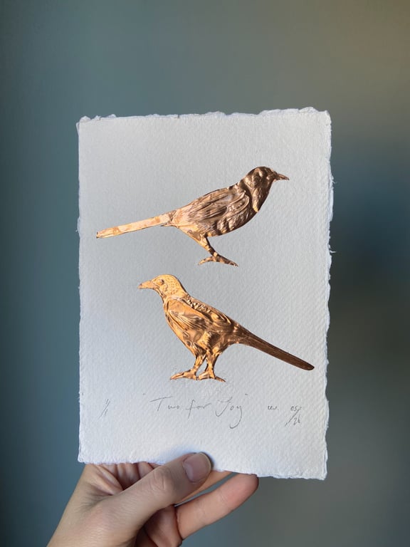 Two For Joy Copper Magpies On Handmade Paper