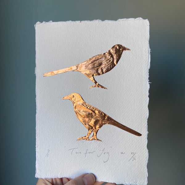 Two For Joy Copper Magpies On Handmade Paper