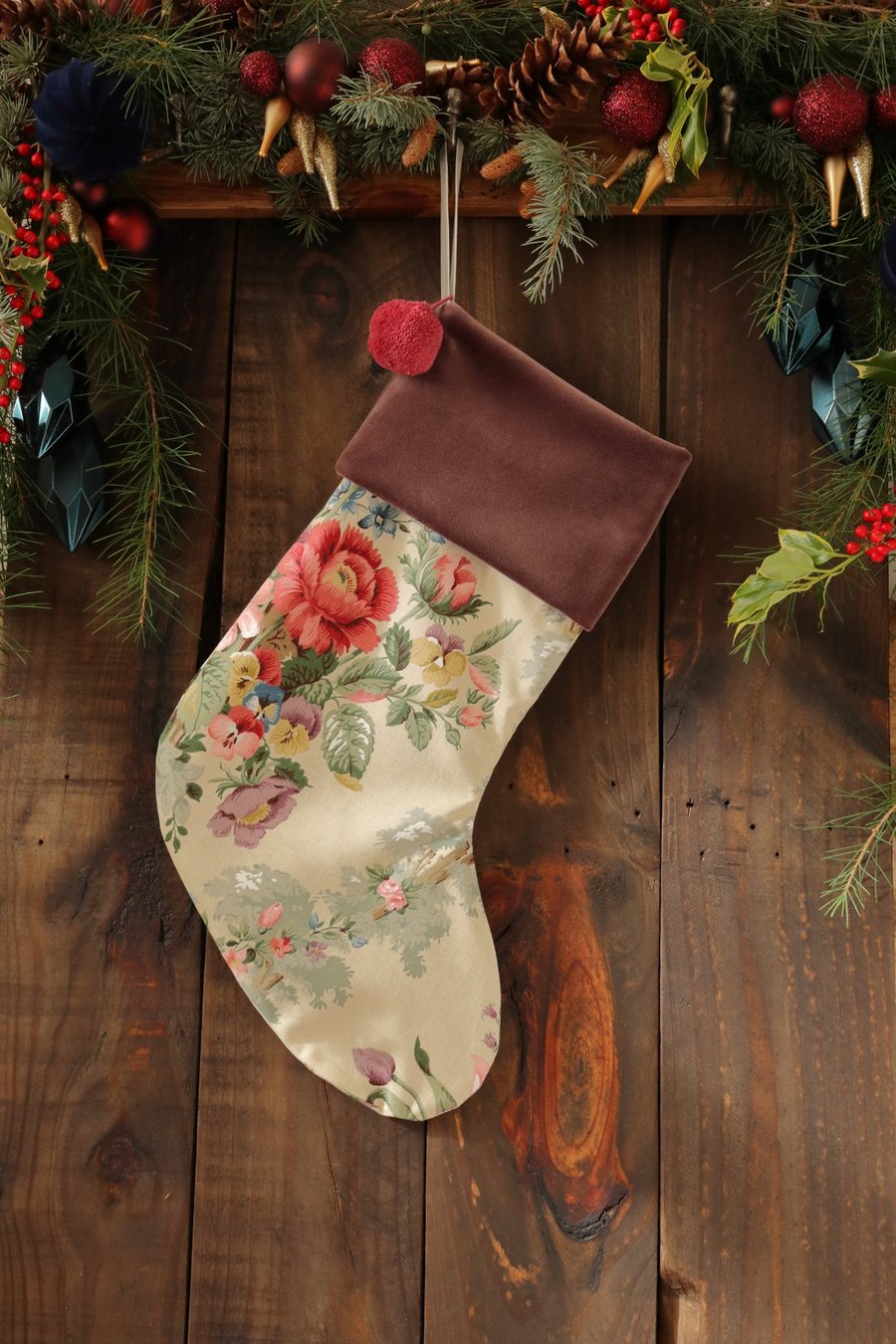 Christmas Stocking Vintage Little Chatsworth Pom Pom Purple