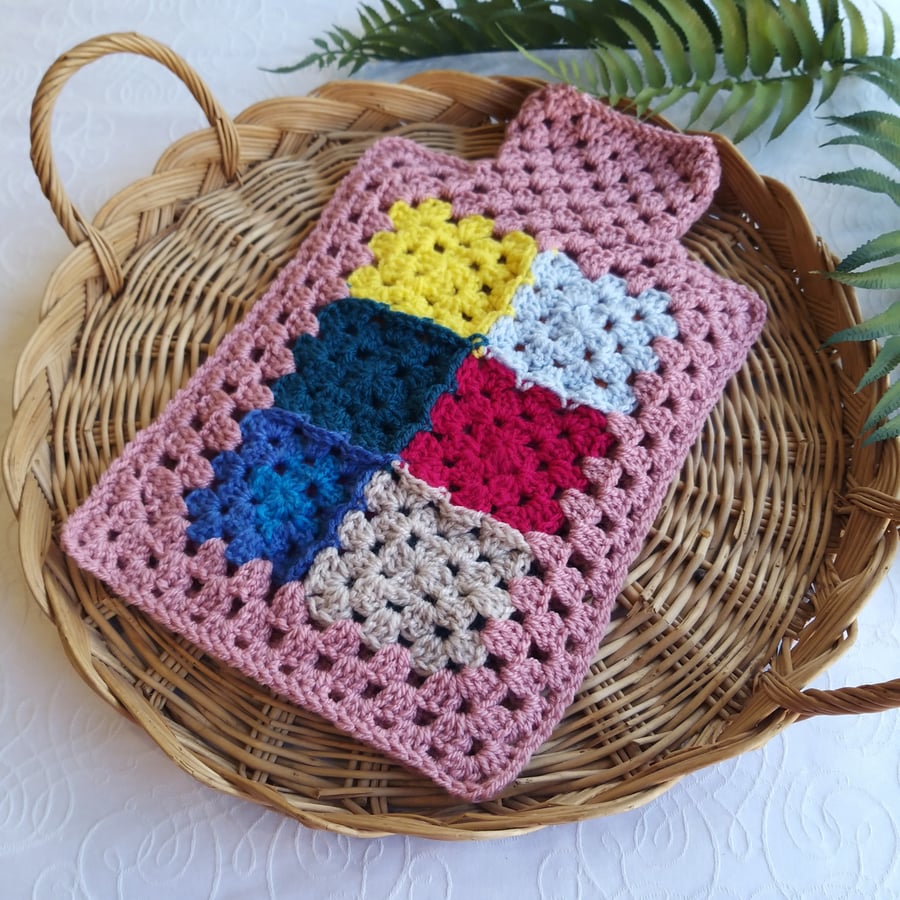  Crochet Hot Water Bottle Cover Patchwork Vintage Rose 