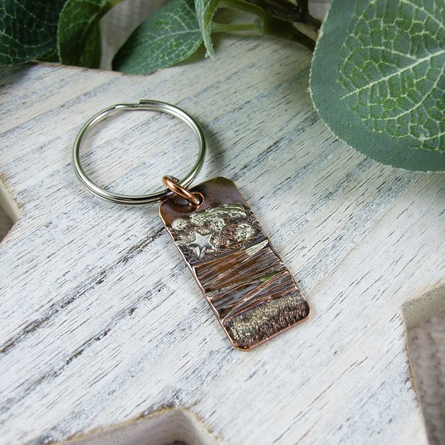Bag Charm, Copper and Sterling Silver Starlit Seascape Keyring