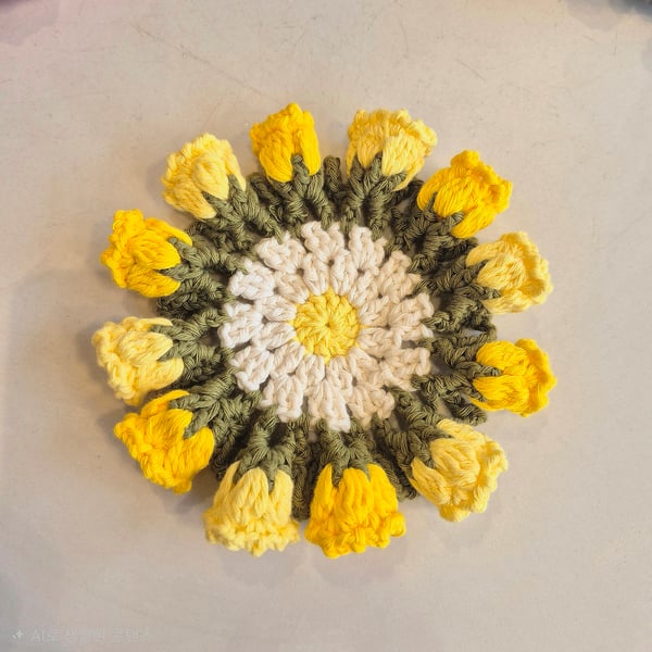 Crochet Flower Coaster with Pot – Spring Yellow Handmade Tea Coaster – Gift