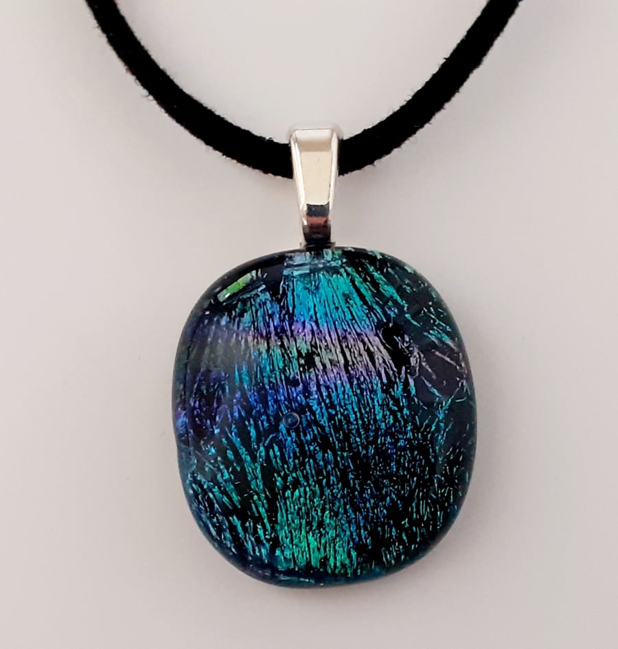 Fused dichroic glass necklace pendant, green and purple crinkle effect