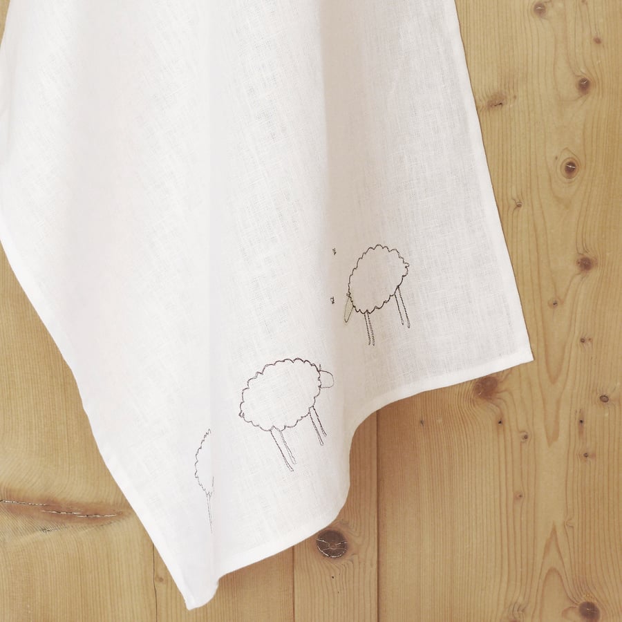 Embroidered Linen Sheep Tea Towel