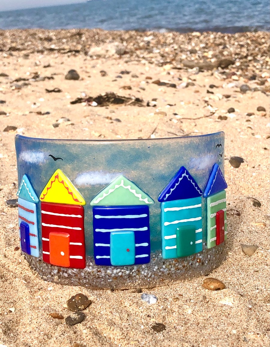Fused glass free standing curve suncatcher  beach huts seaside beach scene 
