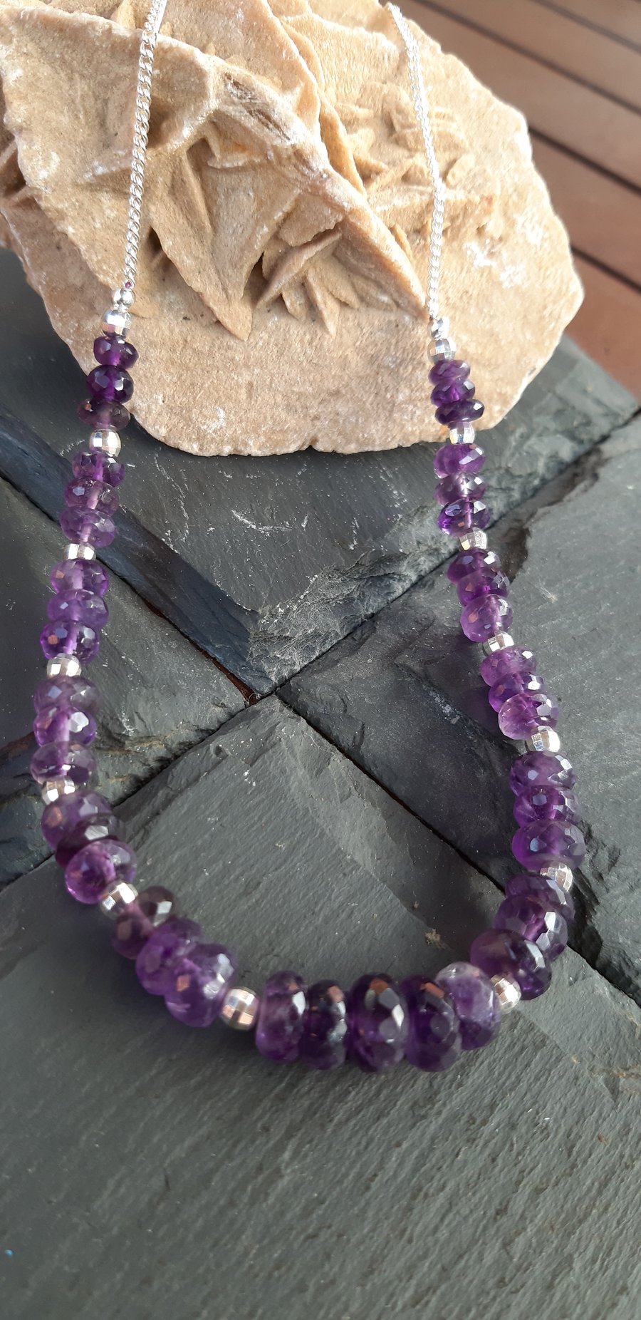 Deep Purple Amethyst Faceted Rondelles and Sterling Silver Necklace