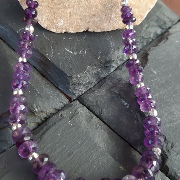 Deep Purple Amethyst Faceted Rondelles and Sterling Silver Necklace