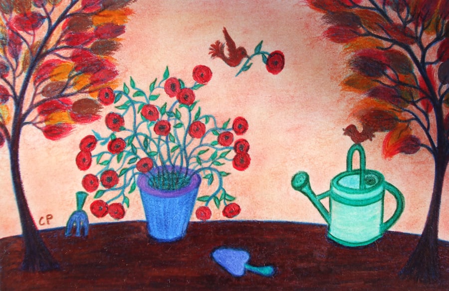 Gardener Card, Birthday Flowers Card, Hope Greeting Card, Bird Garden Art Card