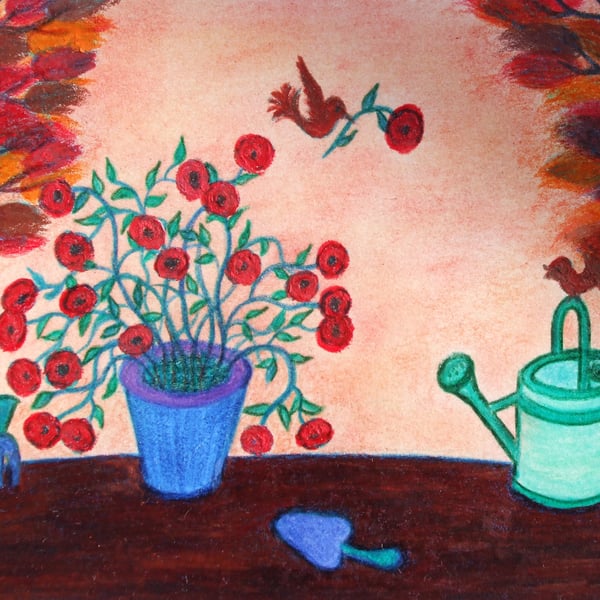 Gardener Card, Birthday Flowers Card, Hope Greeting Card, Bird Garden Art Card