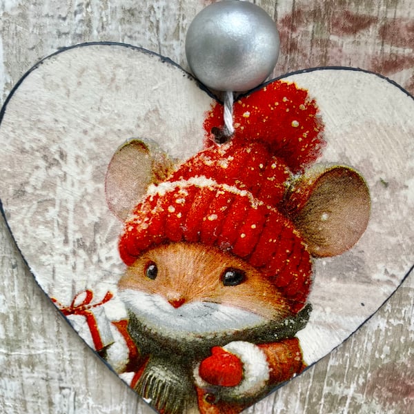 Christmas Hanging Heart Decoration Cute Mouse In Bobble Hat in The Snow