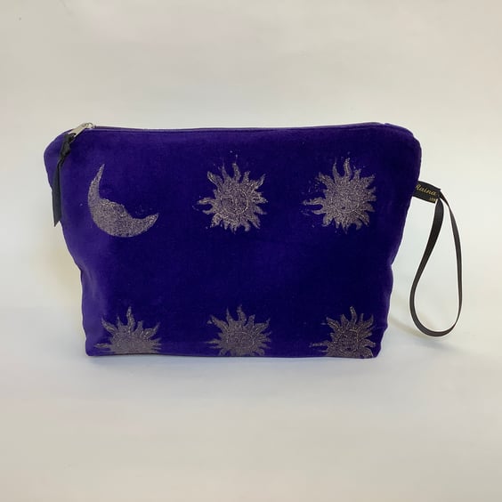 Purple Sun and Moon velvet makeup bag