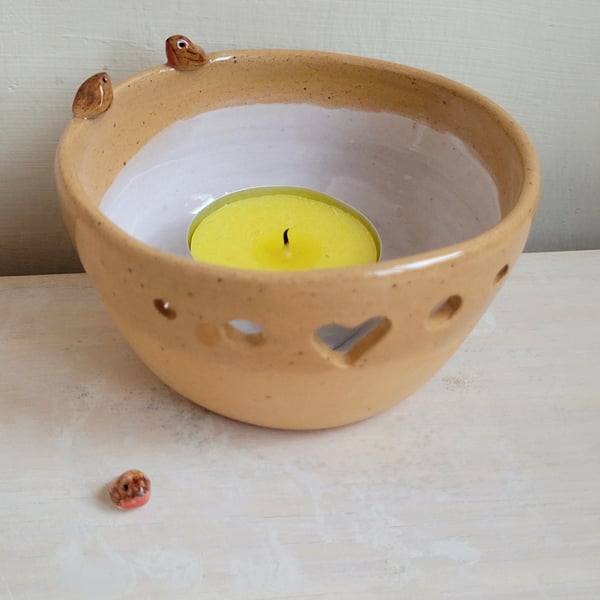 Tealight with 2 robin birds & heart cut out Ceramic speckled clay candle holder