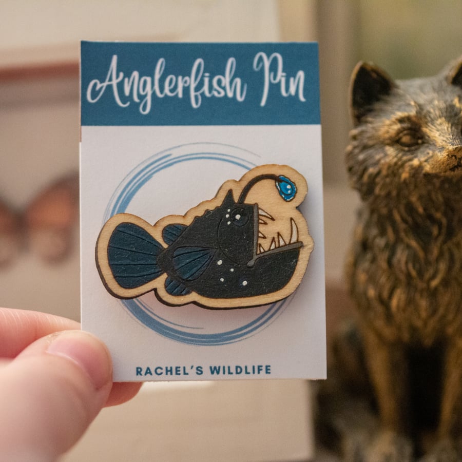 Anglerfish Wooden Pin Badge – Hand-Painted Deep Sea Brooch for Ocean Lovers