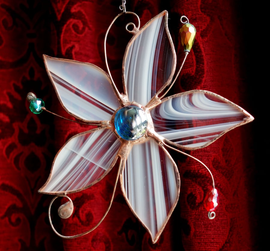 Stained Glass Sun Catcher  Flower with decorative wire and crystals  Handcrafted