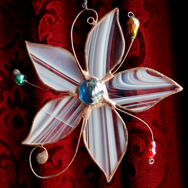 Stained Glass Sun Catcher  Flower with decorative wire and crystals  Handcrafted