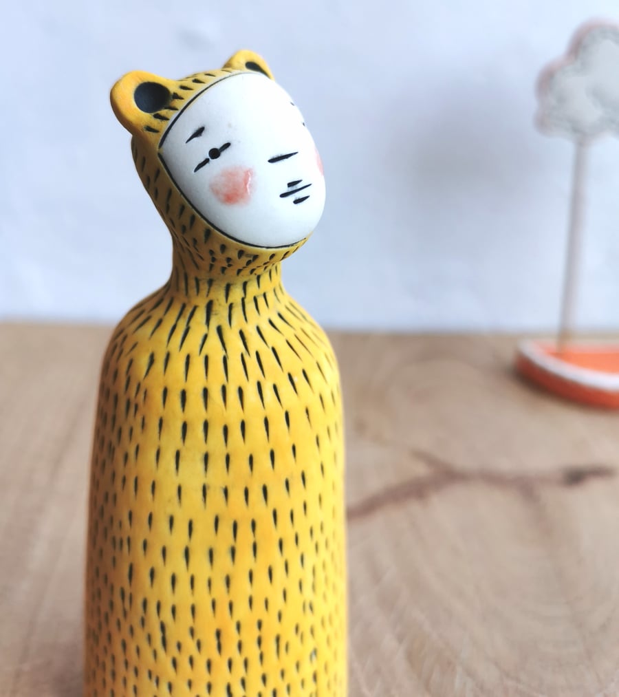 Ceramic miniature figurine - Peculiar Bear Person in Golden Yellow no. 2