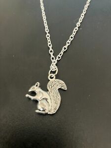 squirrel pendant necklace silver plated 18"" chain silver charm