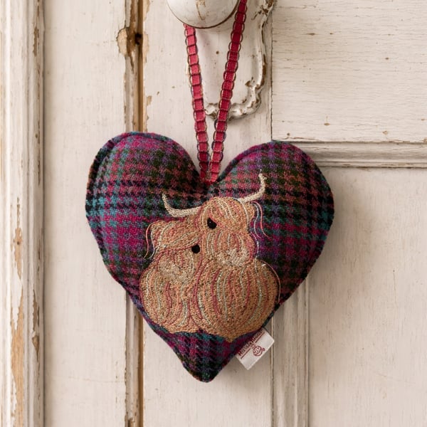 Beautiful Highland Cow and Calf embroidered on a Harris Tweed Heart