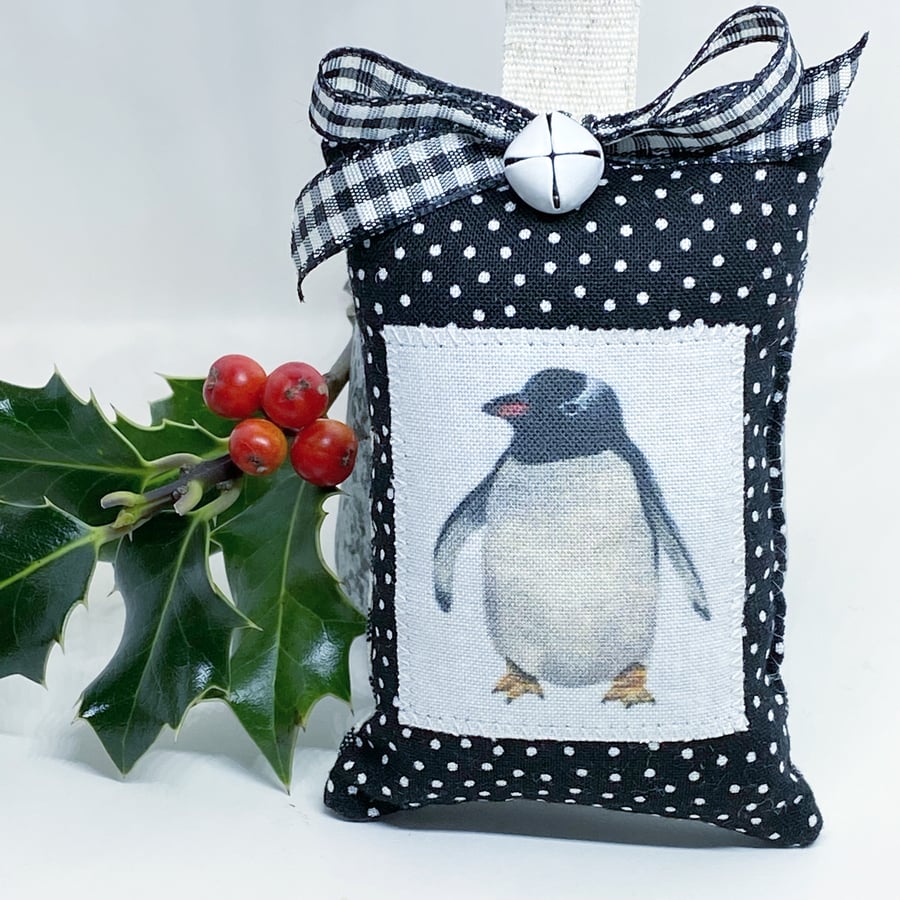 PENGUIN CHRISTMAS DECORATION - polka dots and stripes