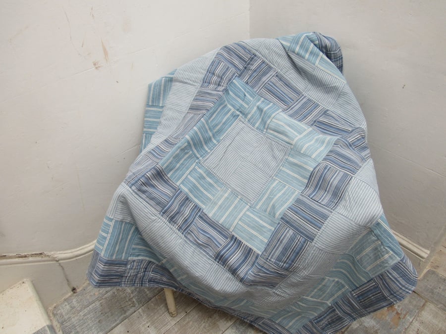 Blue and White Cotton Patchwork Lap Quilt