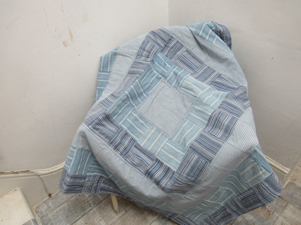 Blue and White Cotton Patchwork Lap Quilt