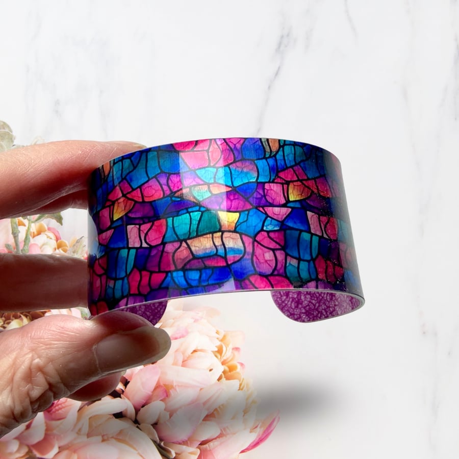 SALE  Abstract Small wrist wide bangle in blue and magenta. Perfectly imperfect