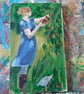 Original painting girl in garden with chicken  - Image 4
