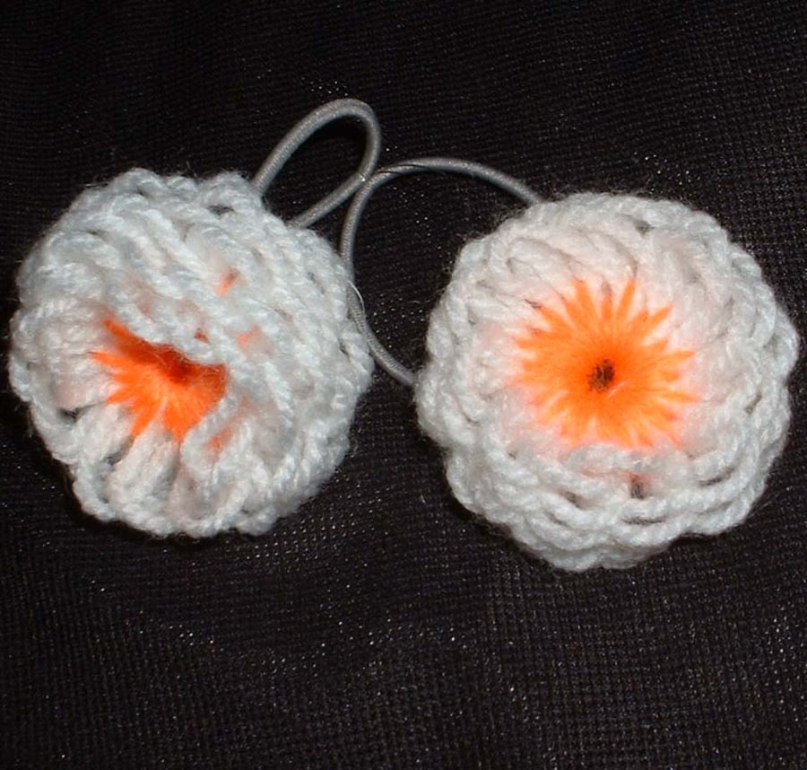 Handmade woollen flower hair bands - white & orange
