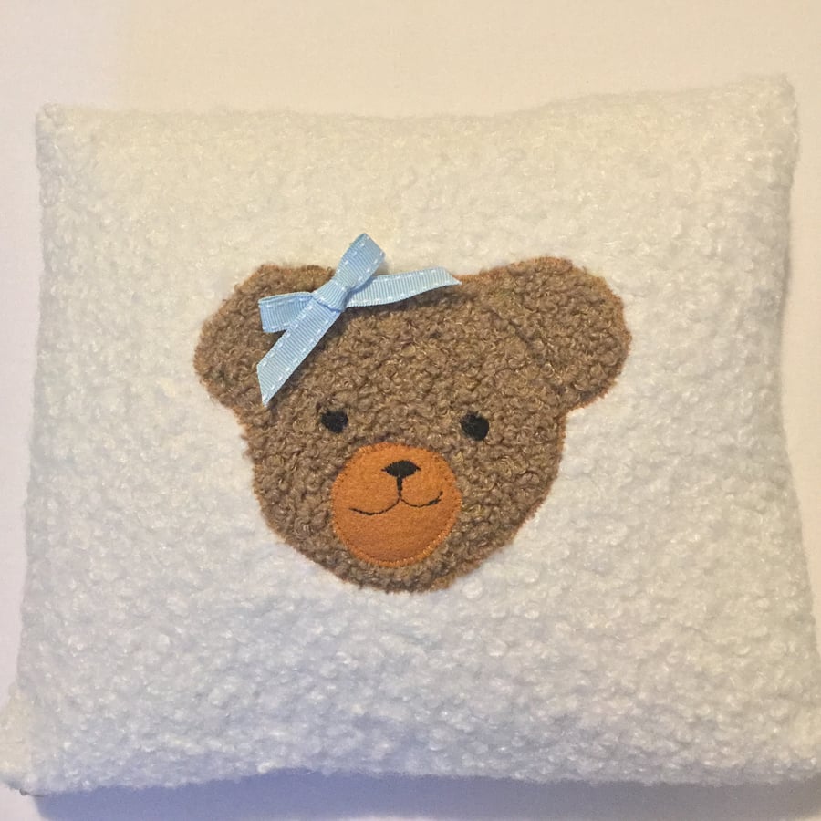Nursery Cushion in Boucle Fabric with Appliquéd Teddy Bear