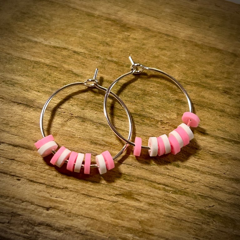Silver Plated Hoop Earrings with Pink & White Beads