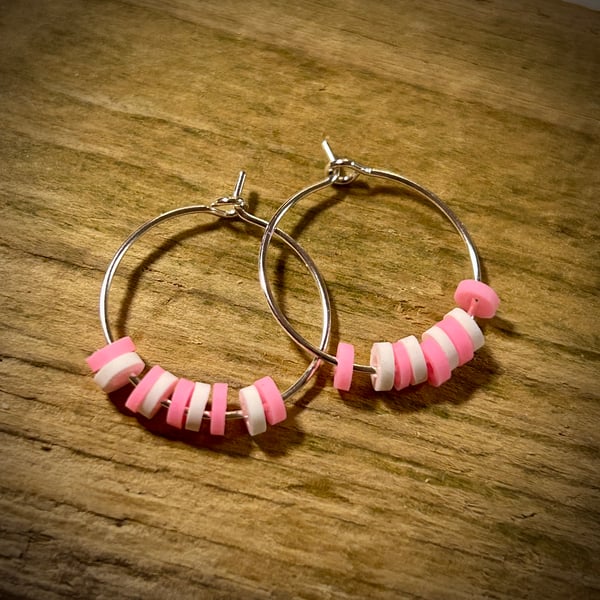 Silver Plated Hoop Earrings with Pink & White Beads
