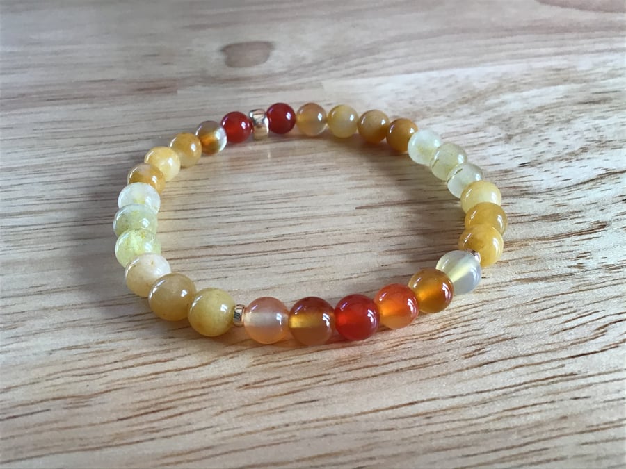 Carnelian orange Calcite and Rutilated Quartz Gold Filled “Sunfire” bracelet