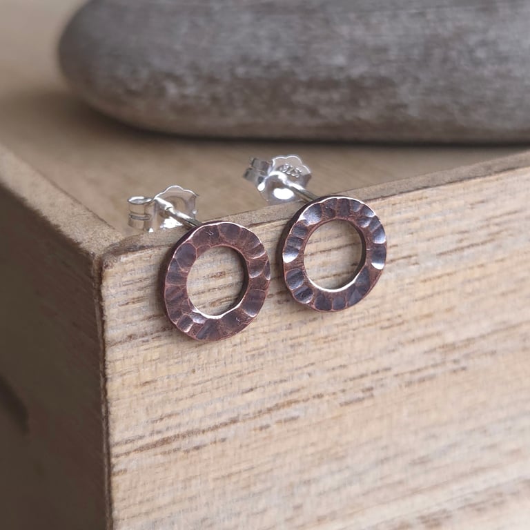 Hammered copper circle studs, Small round earrings