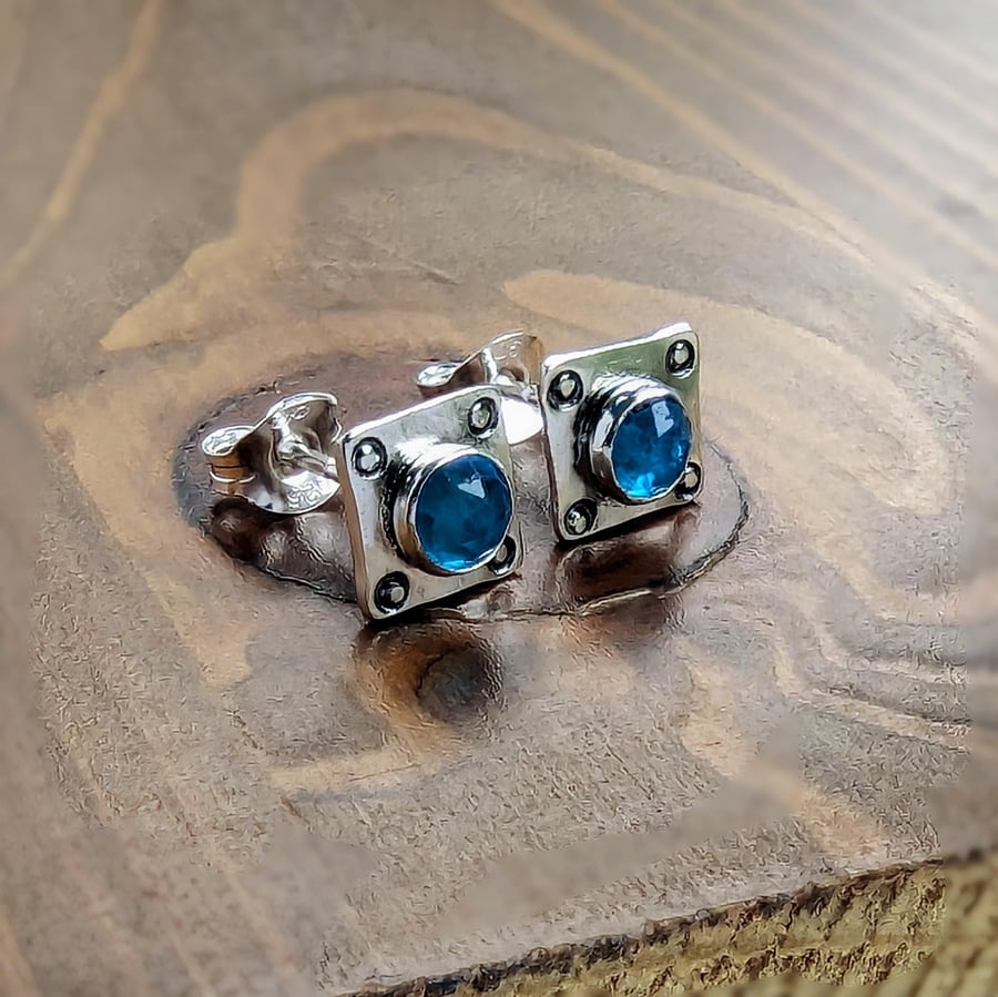 HANDMADE Recycled Sterling Silver Neon Blue Apatite Stud Earrings