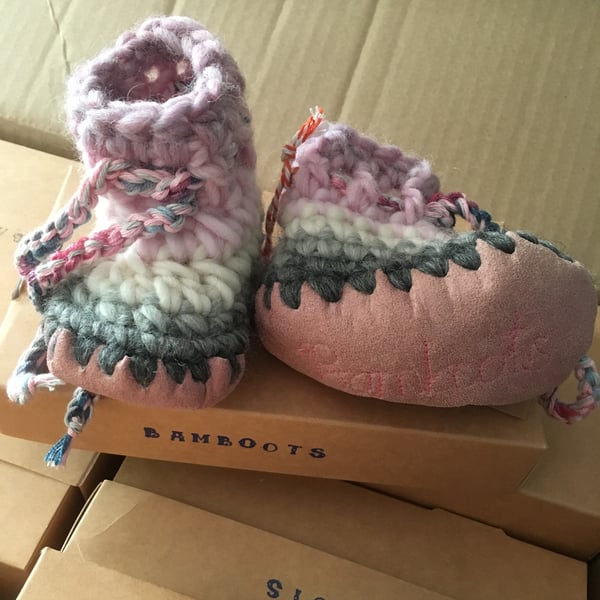 Wool & leather baby boots -pink & grey - 3-6 months - newborn baby gift