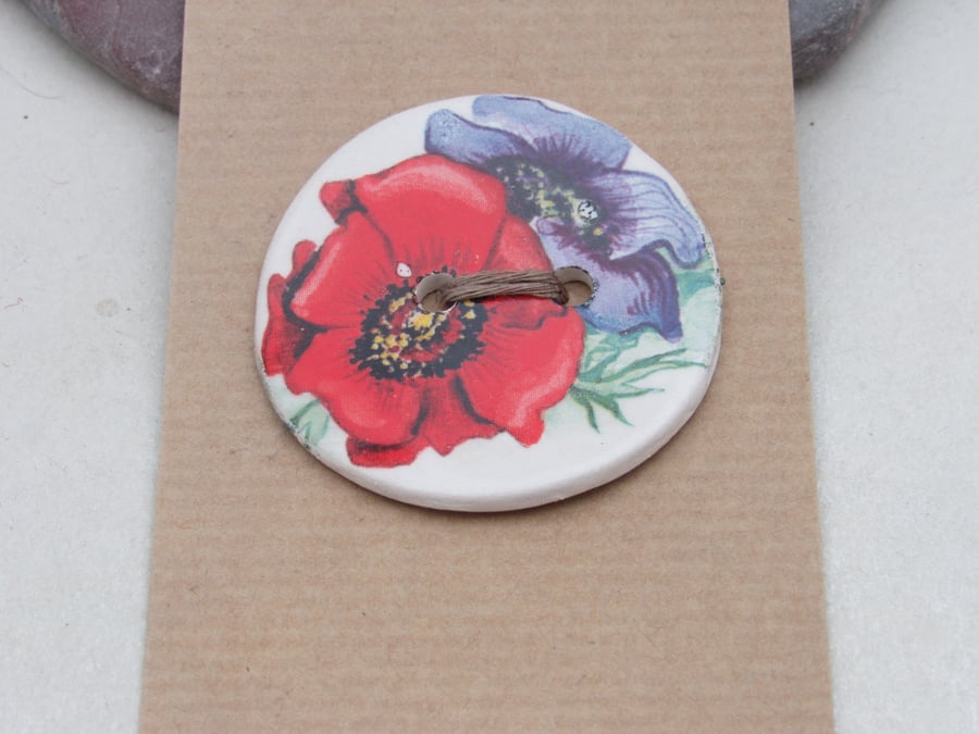 Large Bright Anemone Flower Posy Motif Ceramic Button