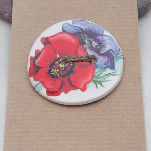 Large Bright Anemone Flower Posy Motif Ceramic Button
