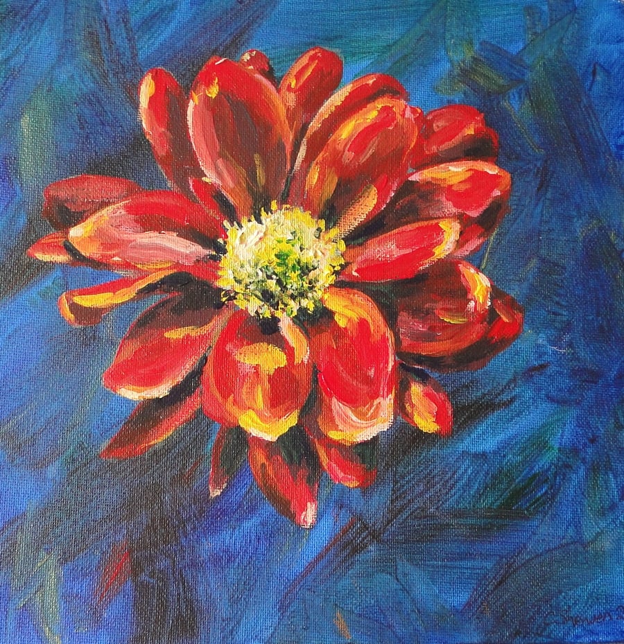 Sale Red Flower Original Acrylic Painting on Box Canvas OOAK