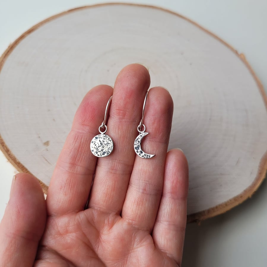 Full Moon and Crescent Moon Hook Earrings, Mismatched, Asymmetric
